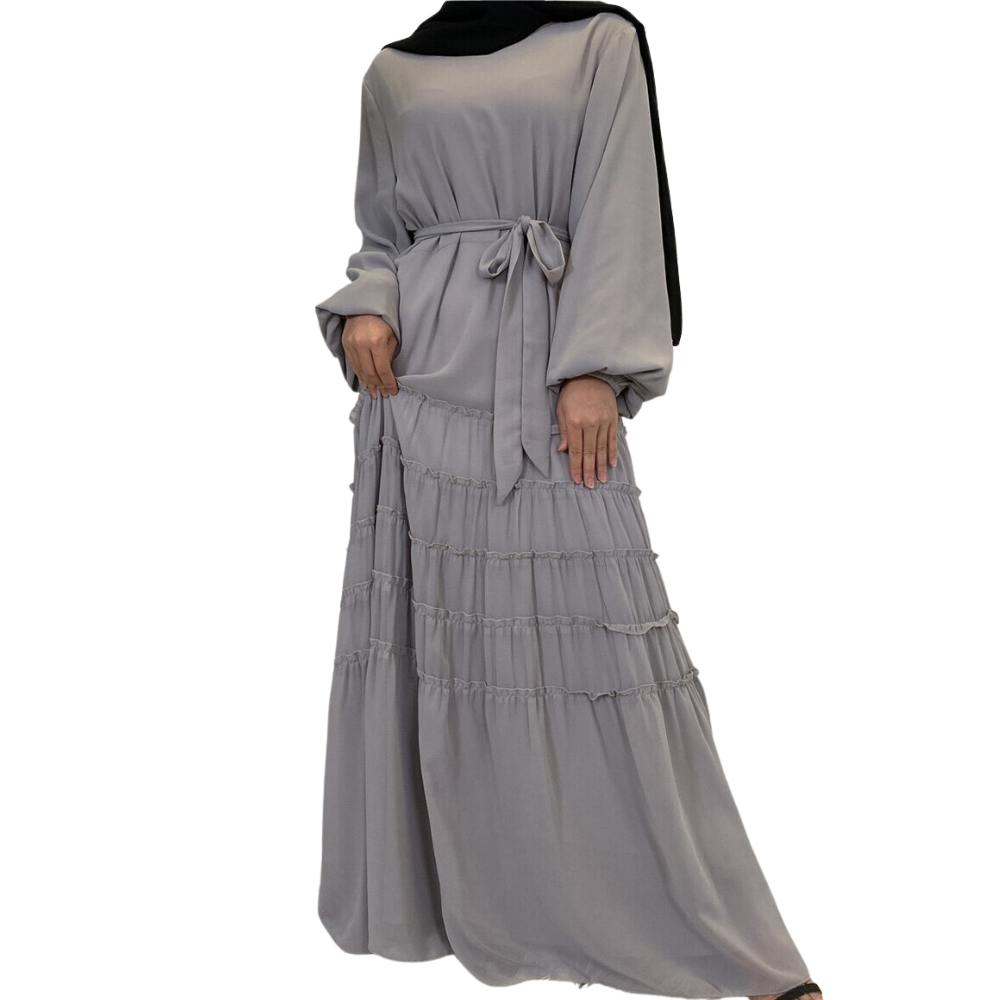 Double Chiffon Plain Color Party Modest Dress Large Hem Pleated Loose A-line Abaya