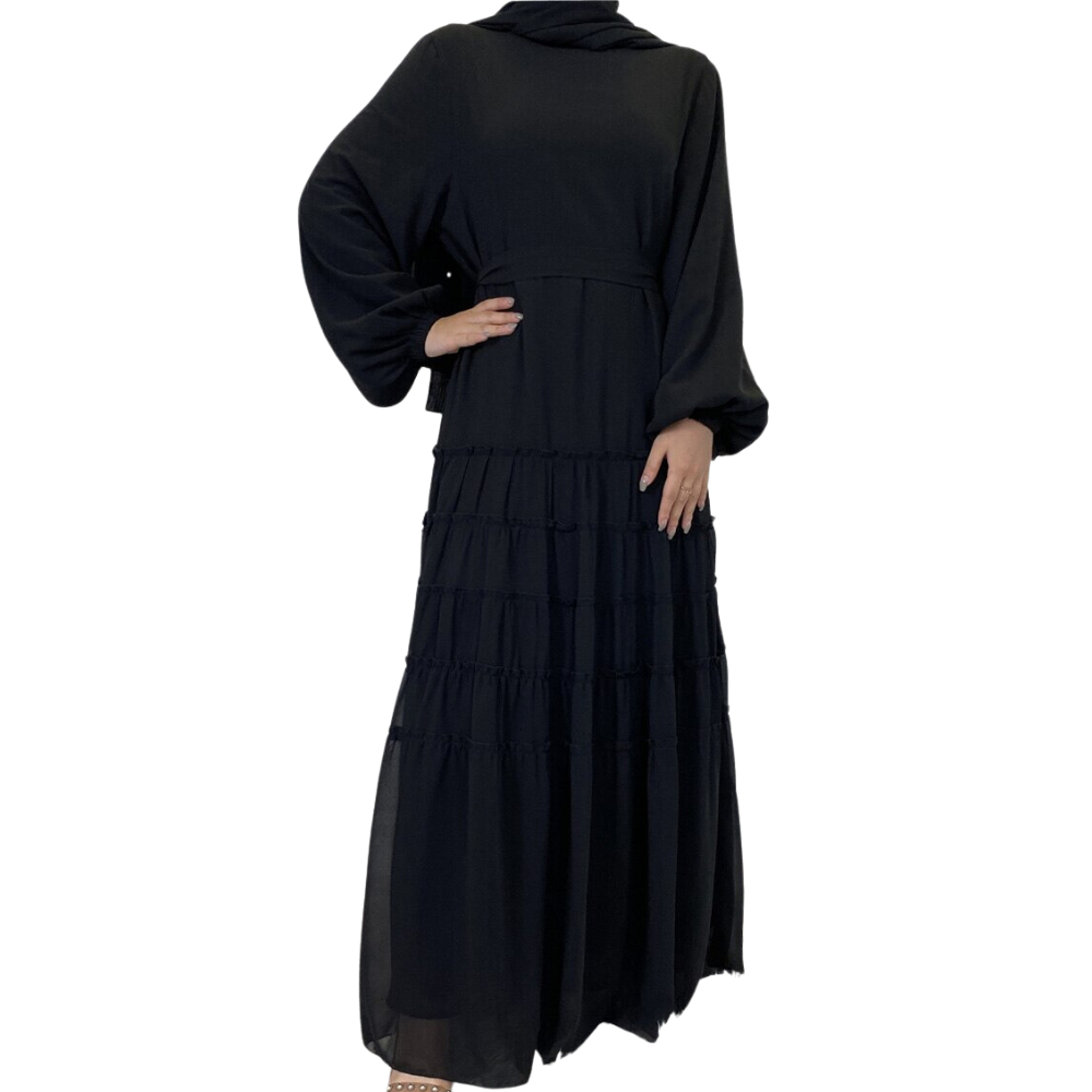 Double Chiffon Plain Color Party Modest Dress Large Hem Pleated Loose A-line Abaya