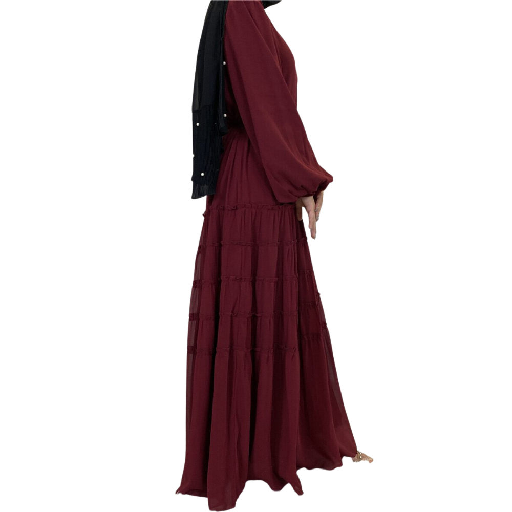 Double Chiffon Plain Color Party Modest Dress Large Hem Pleated Loose A-line Abaya