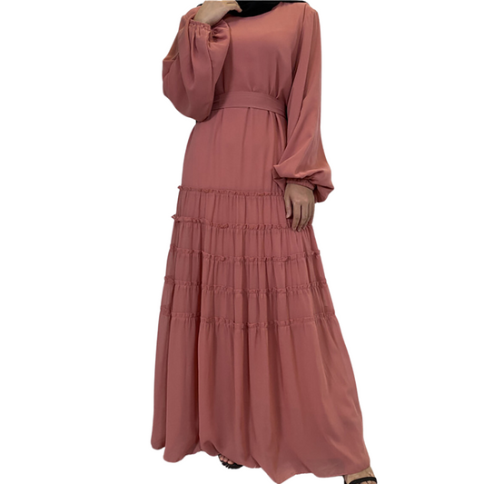 Double Chiffon Plain Color Party Modest Dress Large Hem Pleated Loose A-line Abaya