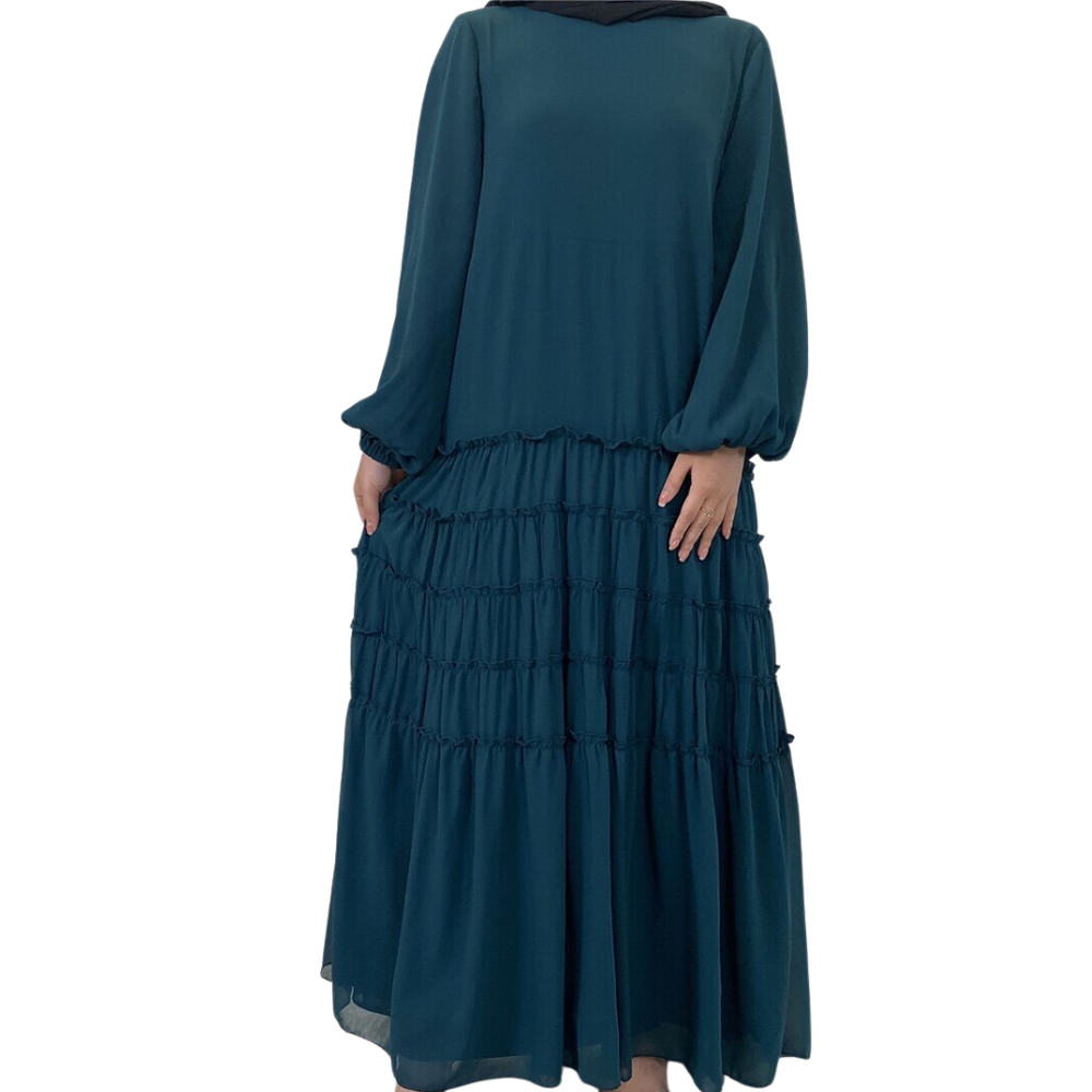 Double Chiffon Plain Color Party Modest Dress Large Hem Pleated Loose A-line Abaya