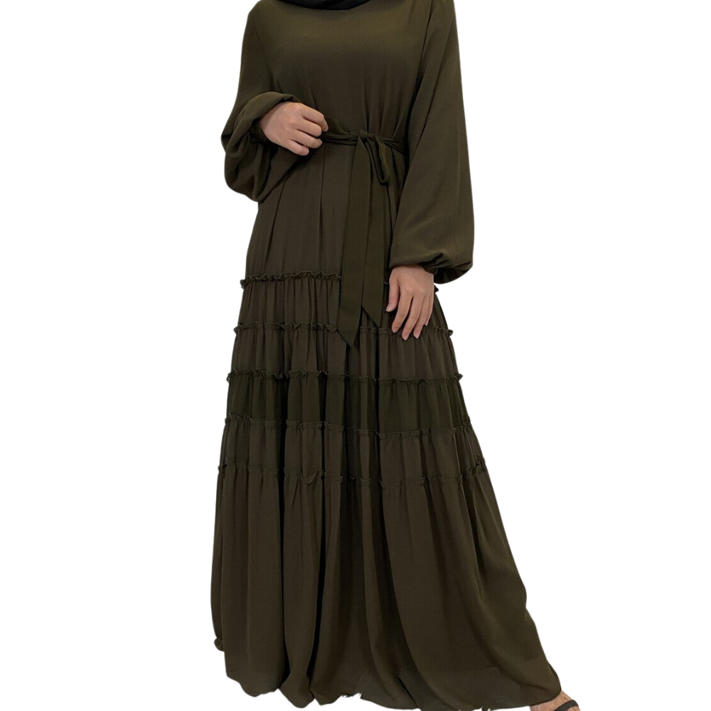 Double Chiffon Plain Color Party Modest Dress Large Hem Pleated Loose A-line Abaya