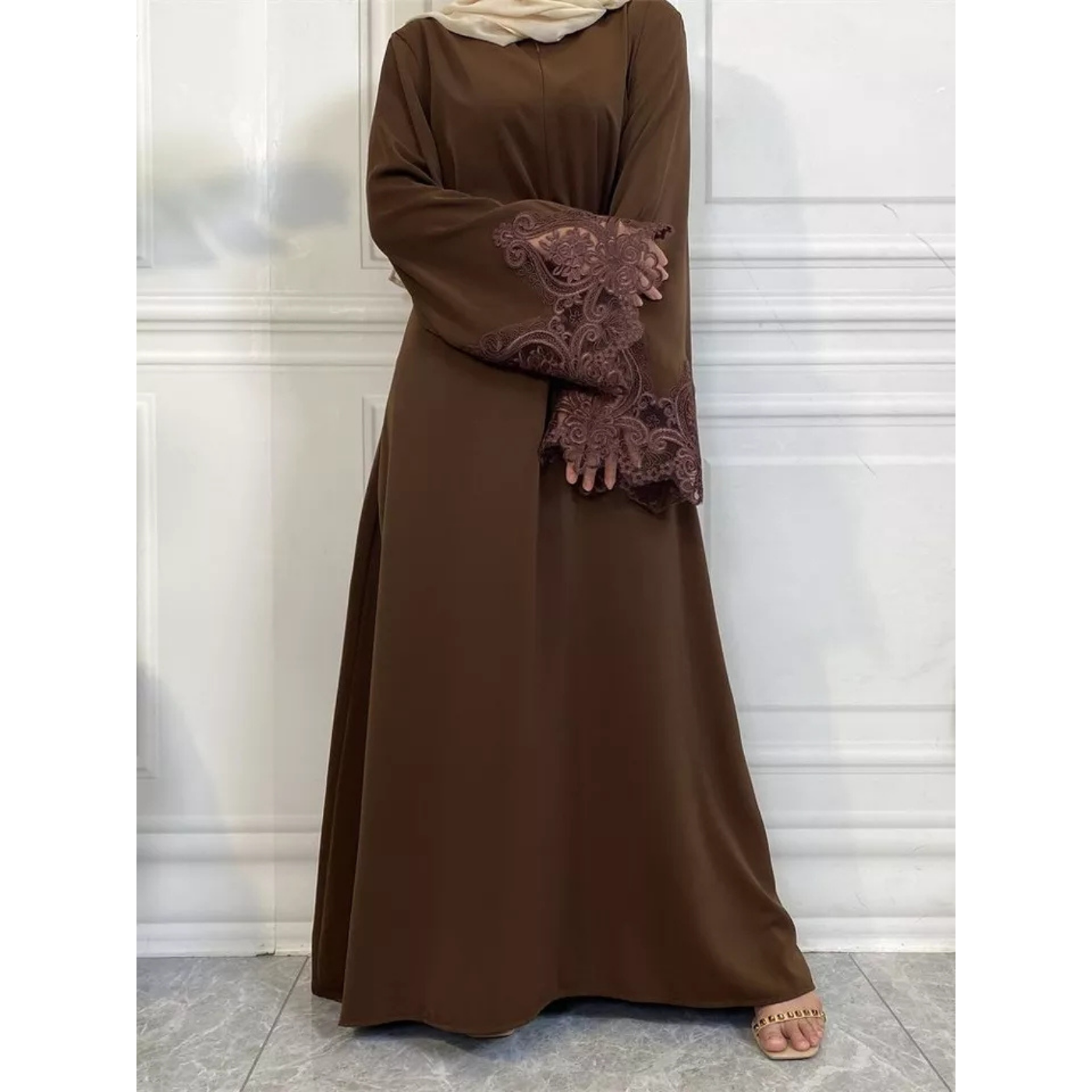Front Zipper Lace Embroidery Islamic Abaya