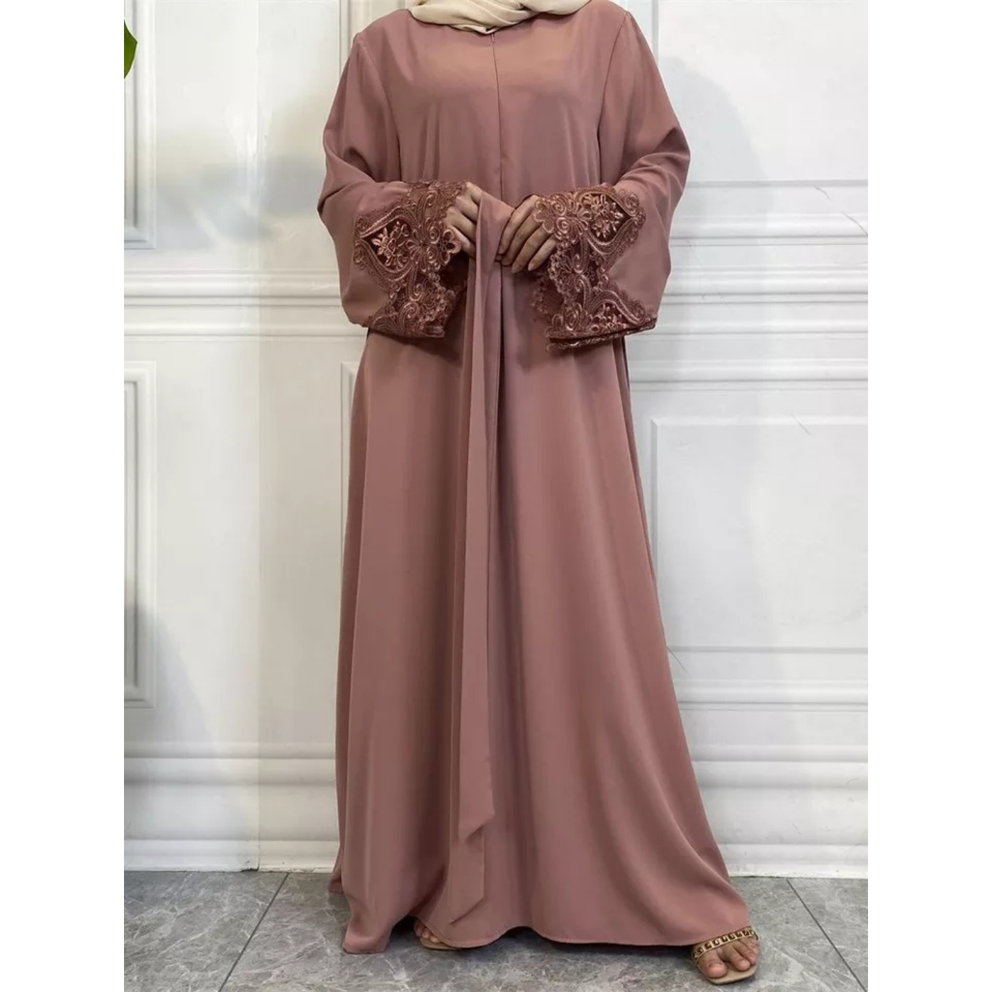 Front Zipper Lace Embroidery Islamic Abaya