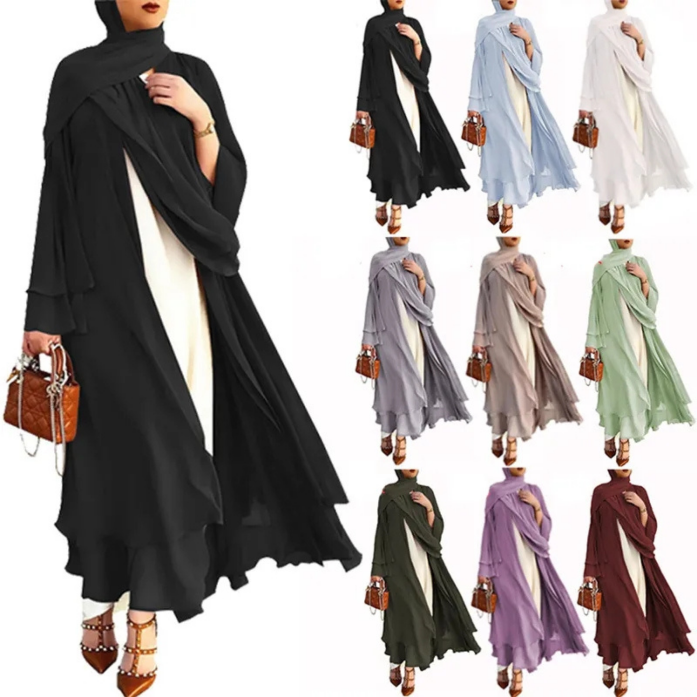 Luxury Double Layer Chiffon Open Abaya