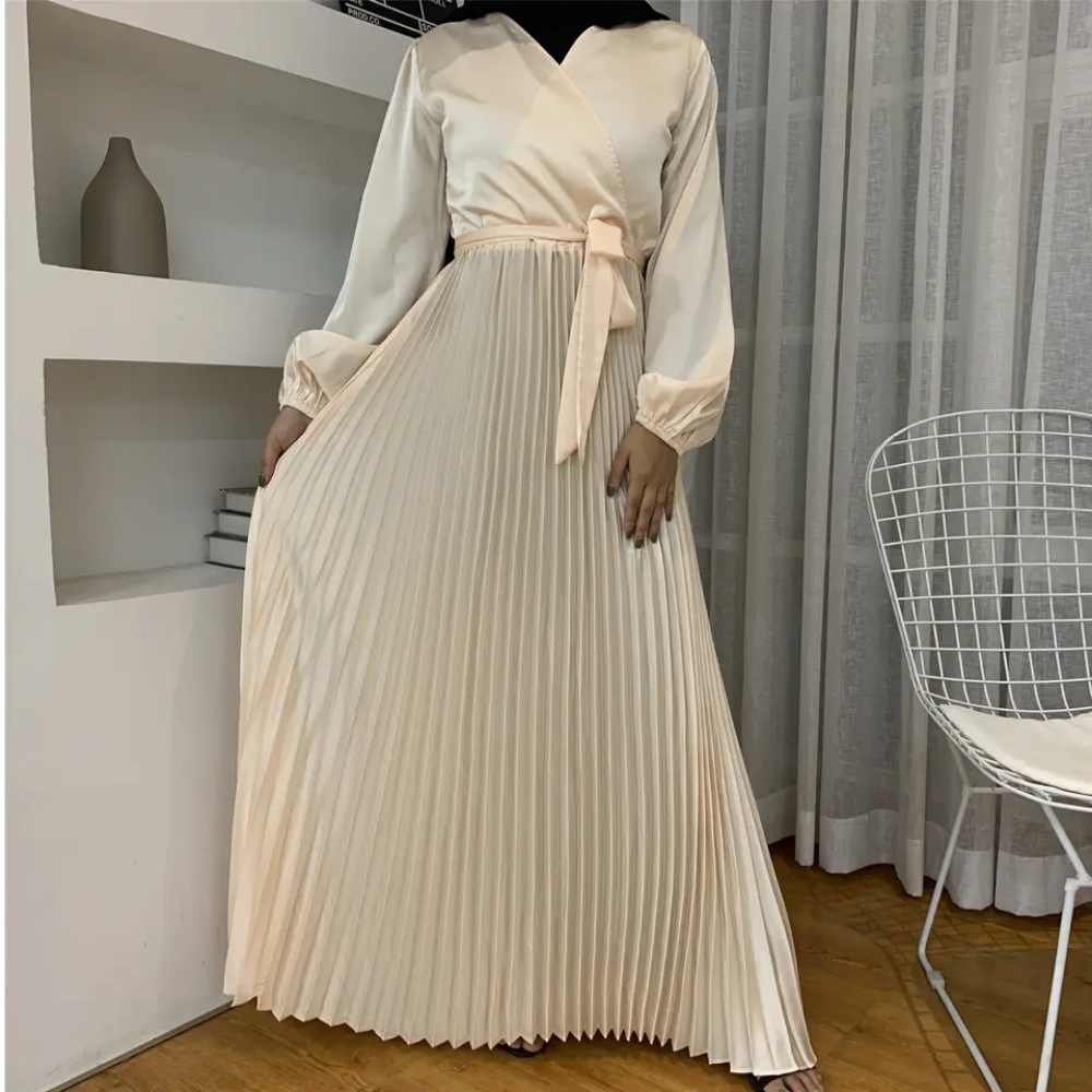 Fashionable V-Neck Stitching Gamis Muslim Women Pleated Long Dresses