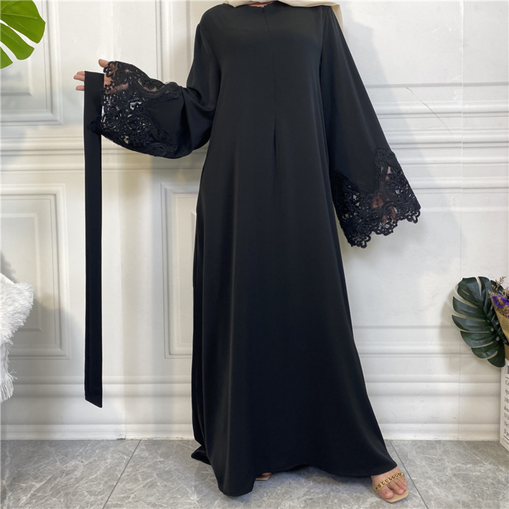 Front Zipper Lace Embroidery Islamic Abaya