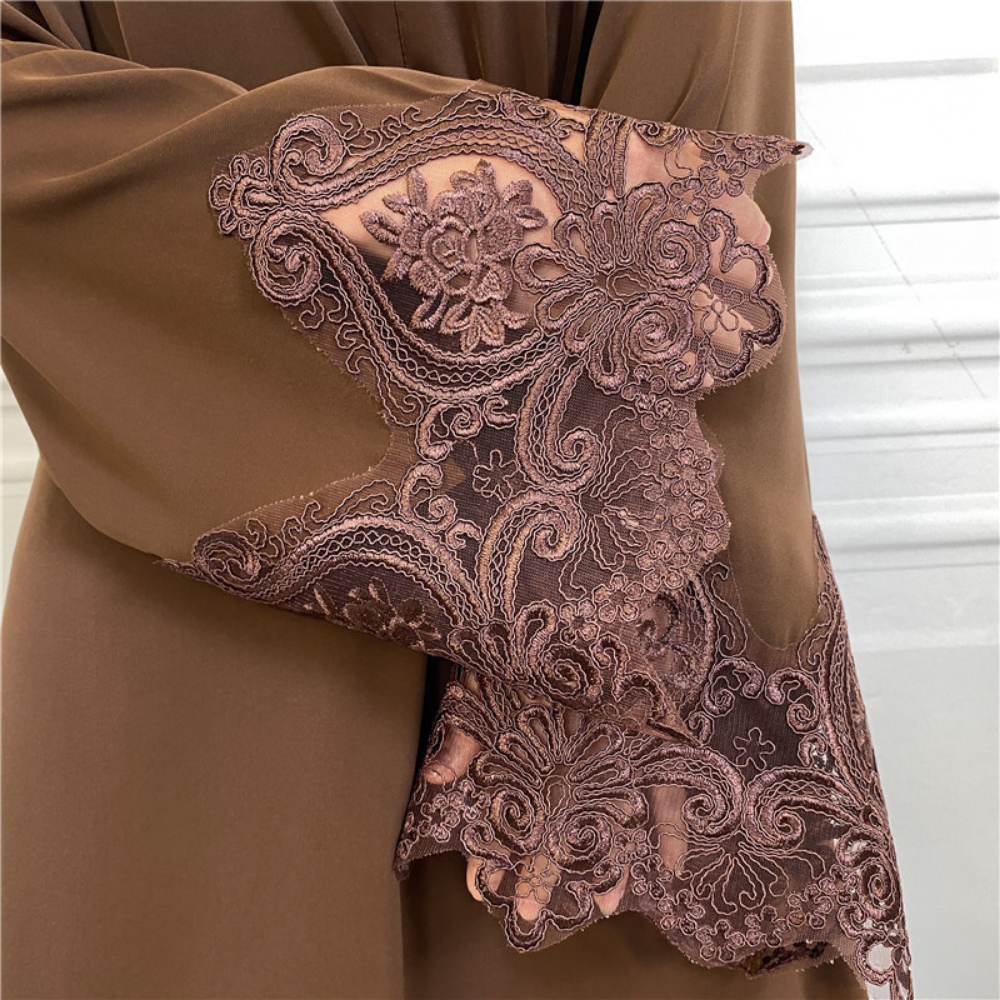 Front Zipper Lace Embroidery Islamic Abaya