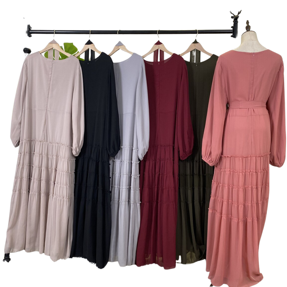 Double Chiffon Plain Color Party Modest Dress Large Hem Pleated Loose A-line Abaya