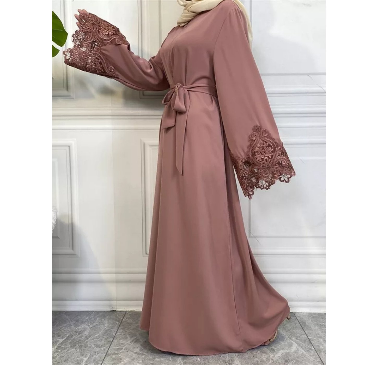 Front Zipper Lace Embroidery Islamic Abaya