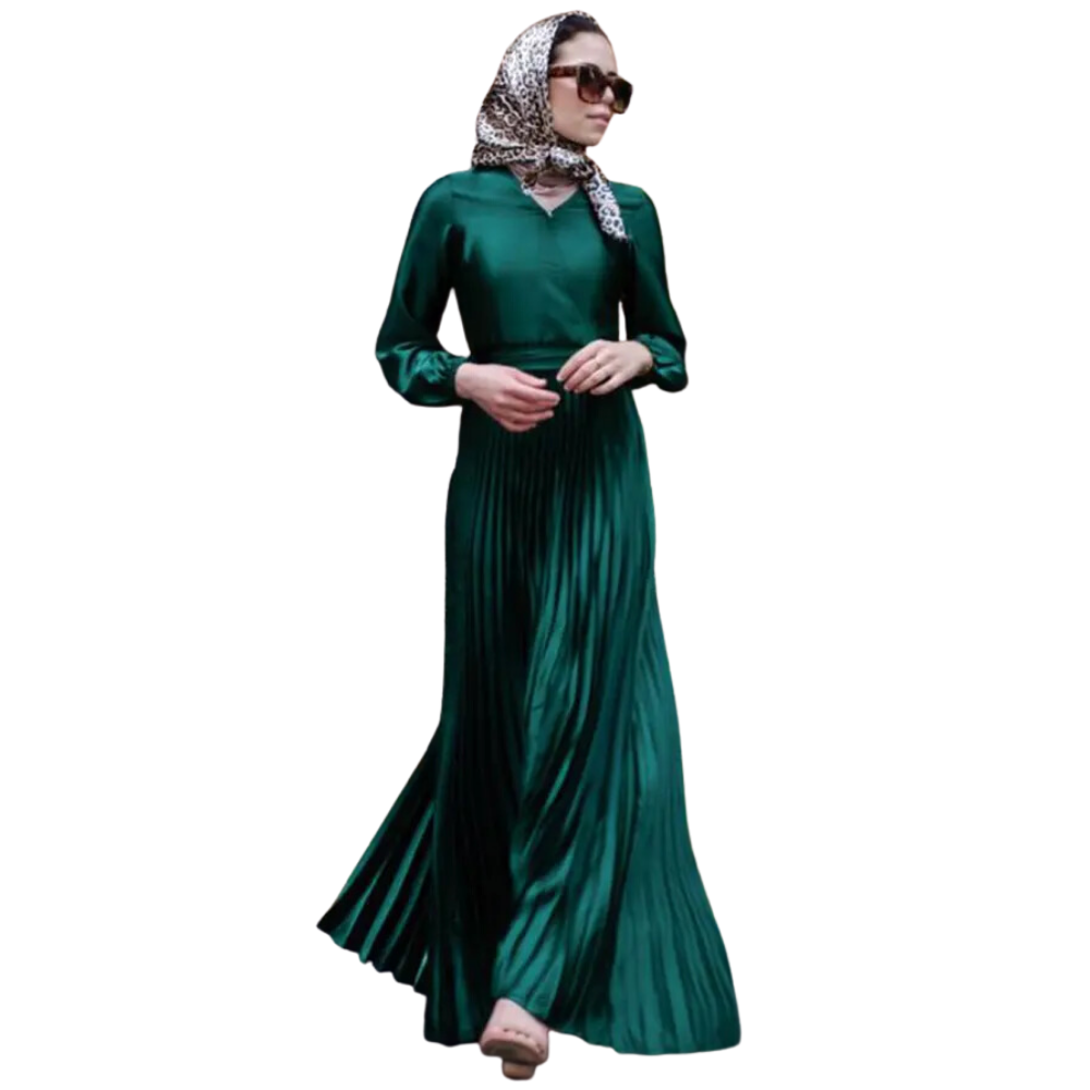 Fashionable V-Neck Stitching Gamis Muslim Women Pleated Long Dresses