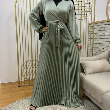 Fashionable V-Neck Stitching Gamis Muslim Women Pleated Long Dresses