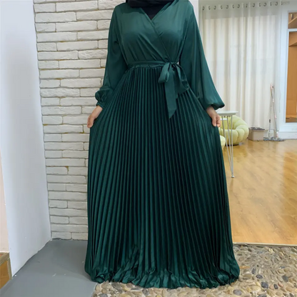 Fashionable V-Neck Stitching Gamis Muslim Women Pleated Long Dresses