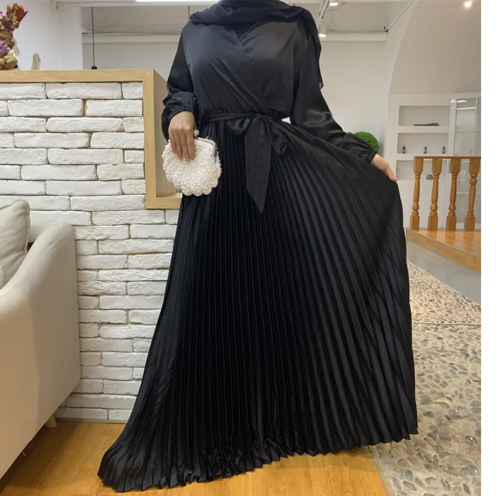 Fashionable V-Neck Stitching Gamis Muslim Women Pleated Long Dresses