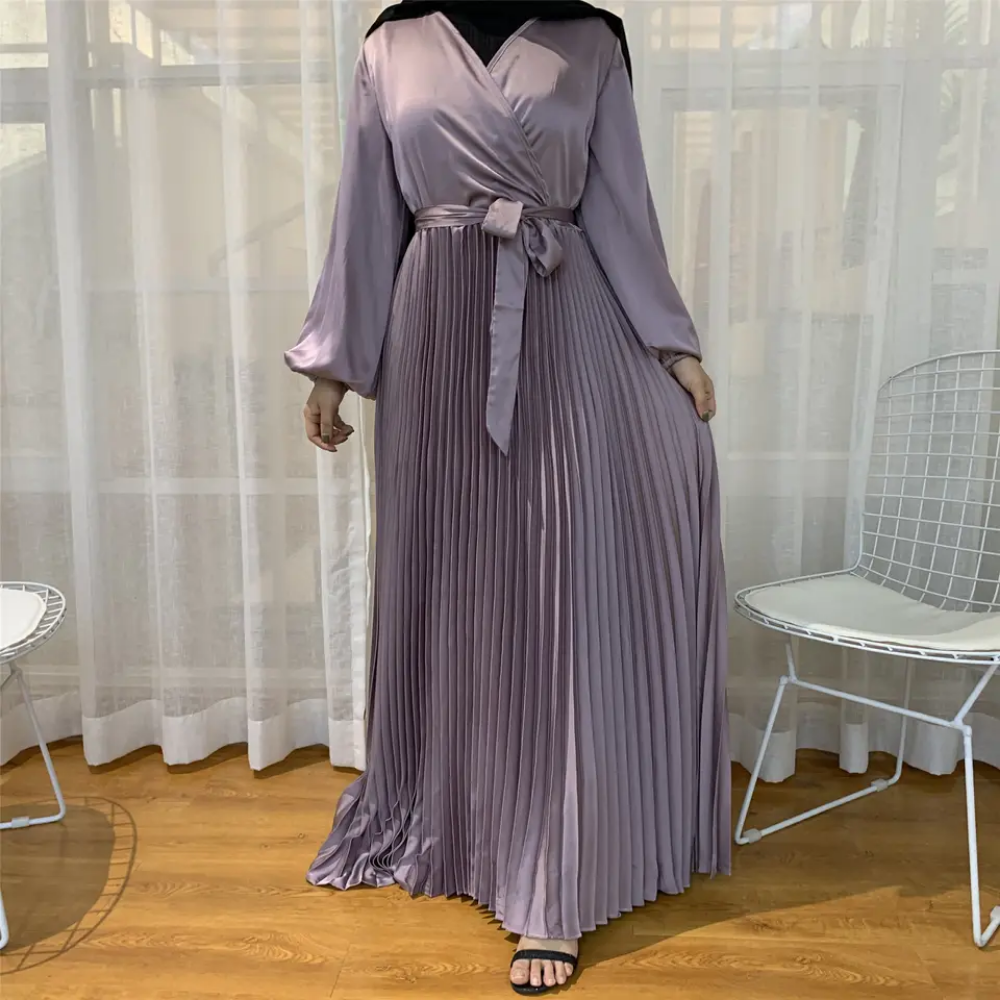 Fashionable V-Neck Stitching Gamis Muslim Women Pleated Long Dresses