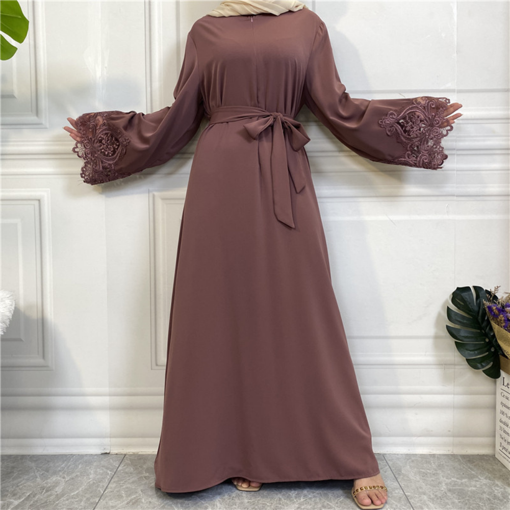 Front Zipper Lace Embroidery Islamic Abaya